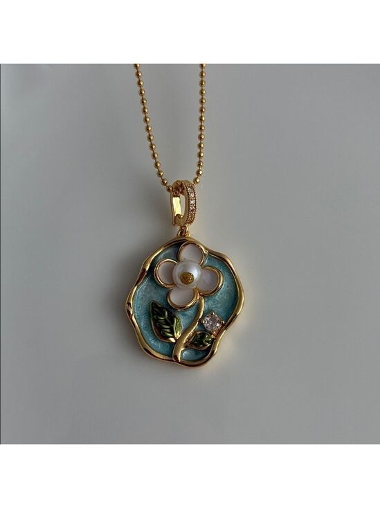 Handmade Jewelry - Green Enamel Flower Gold Necklace, Freshwater Pearl Necklace, Handmade Pendant